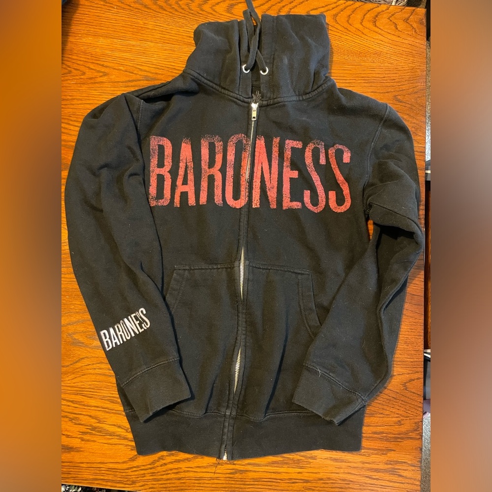 Baroness band men’s hooded zip jacket with front pocket.